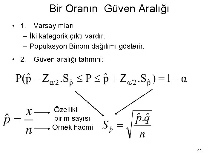 Bir Oranın Güven Aralığı • 1. Varsayımları – İki kategorik çıktı vardır. – Populasyon