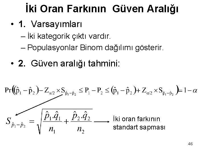 İki Oran Farkının Güven Aralığı • 1. Varsayımları – İki kategorik çıktı vardır. –