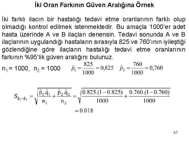 İki Oran Farkının Güven Aralığına Örnek İki farklı ilacın bir hastalığı tedavi etme oranlarının