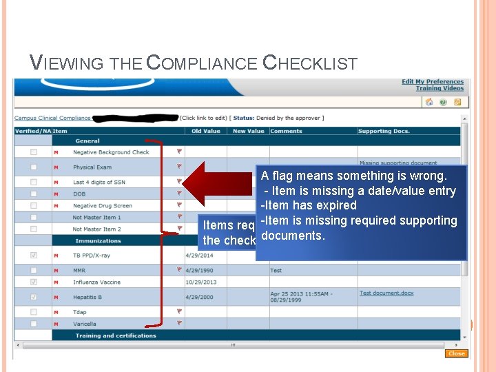 VIEWING THE COMPLIANCE CHECKLIST A flag means something is wrong. - Item is missing