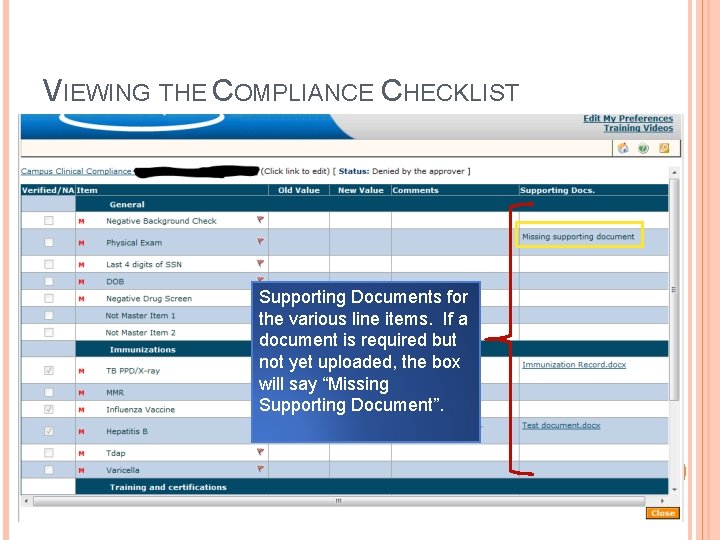 VIEWING THE COMPLIANCE CHECKLIST Supporting Documents for the various line items. If a document