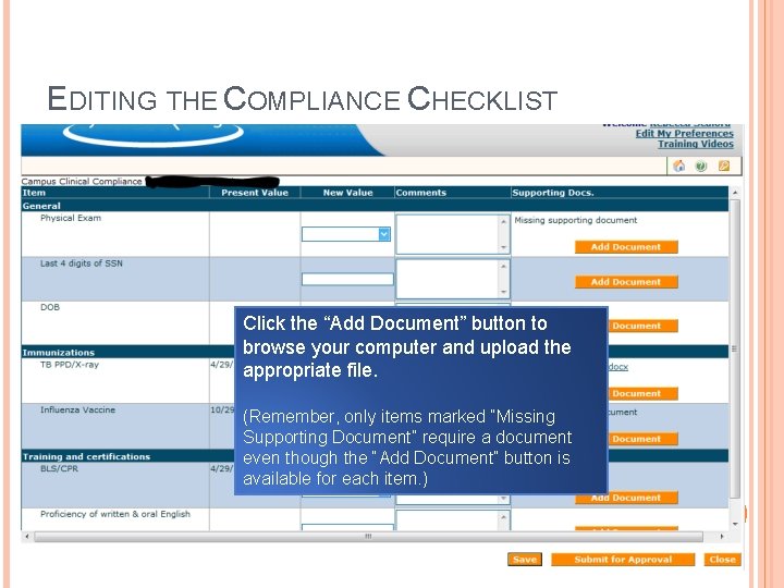 EDITING THE COMPLIANCE CHECKLIST Click the “Add Document” button to browse your computer and