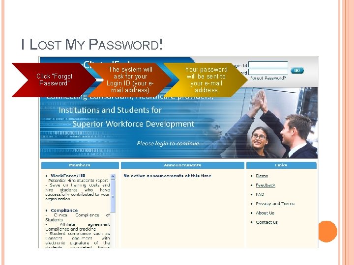I LOST MY PASSWORD! Click “Forgot Password” The system will ask for your Login