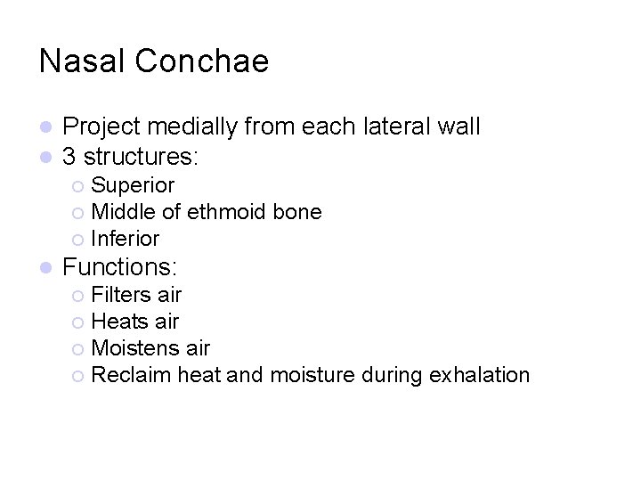 Nasal Conchae l l Project medially from each lateral wall 3 structures: Superior ¡