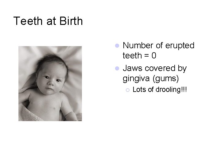 Teeth at Birth Number of erupted teeth = 0 l Jaws covered by gingiva
