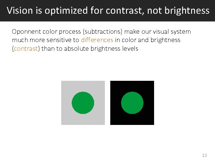 Vision is optimized for contrast, not brightness Oponnent color process (subtractions) make our visual