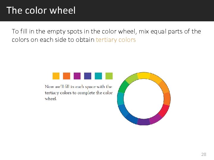 The color wheel To fill in the empty spots in the color wheel, mix