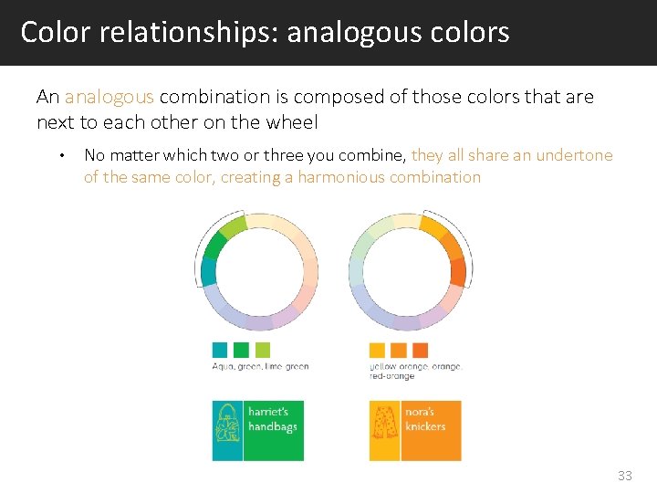Color relationships: analogous colors An analogous combination is composed of those colors that are