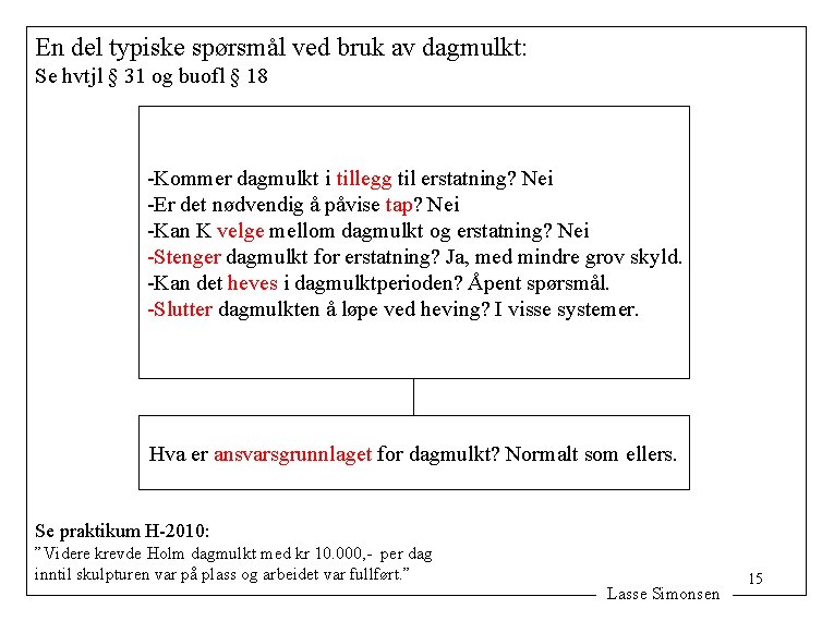 En del typiske spørsmål ved bruk av dagmulkt: Se hvtjl § 31 og buofl