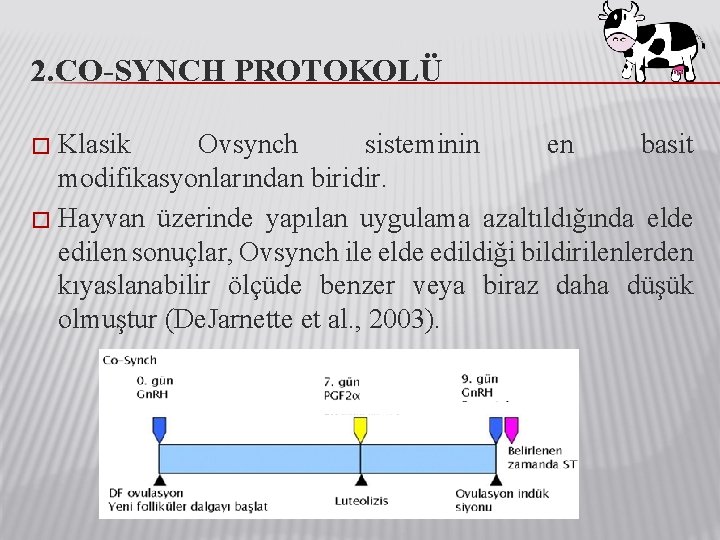 2. CO-SYNCH PROTOKOLÜ Klasik Ovsynch sisteminin en basit modifikasyonlarından biridir. � Hayvan üzerinde yapılan