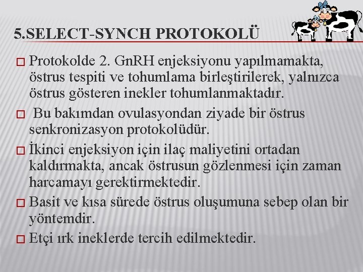 5. SELECT-SYNCH PROTOKOLÜ � Protokolde 2. Gn. RH enjeksiyonu yapılmamakta, östrus tespiti ve tohumlama