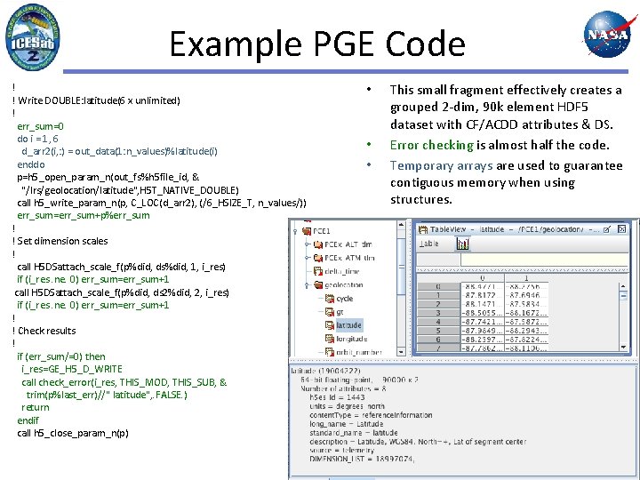 Example PGE Code ! ! Write DOUBLE: latitude(6 x unlimited) ! err_sum=0 do i