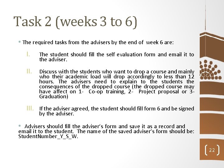 Task 2 (weeks 3 to 6) • The required tasks from the advisers by