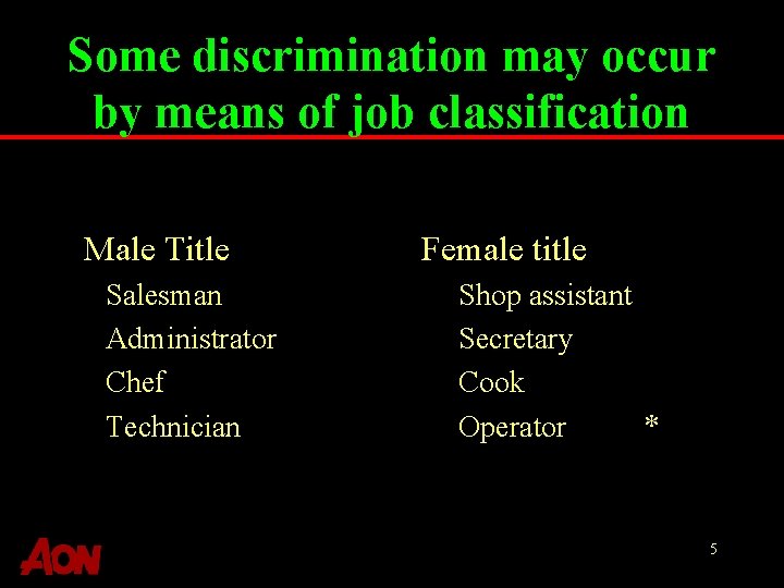 Some discrimination may occur by means of job classification Male Title Salesman Administrator Chef