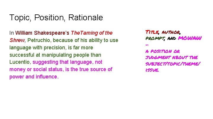 Topic, Position, Rationale In William Shakespeare’s The. Taming of the Shrew, Petruchio, because of