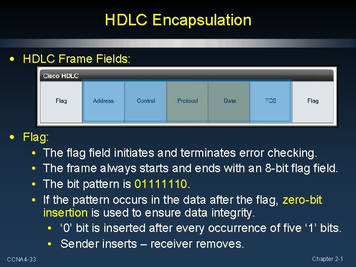 HDLC Encapsulation • HDLC Frame Fields: • Flag: • The flag field initiates and