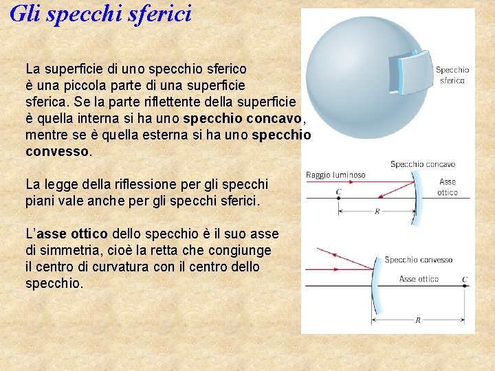 Gli specchi sferici La superficie di uno specchio sferico è una piccola parte di