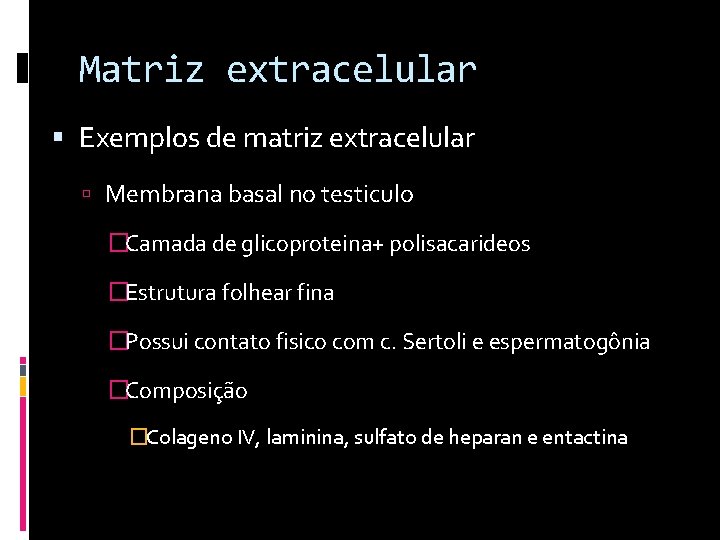 Matriz extracelular Exemplos de matriz extracelular Membrana basal no testiculo �Camada de glicoproteina+ polisacarideos
