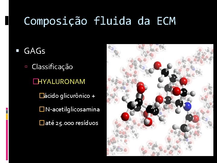 Composição fluida da ECM GAGs Classificação �HYALURONAM �ácido glicurônico + �N-acetilglicosamina �até 25. 000