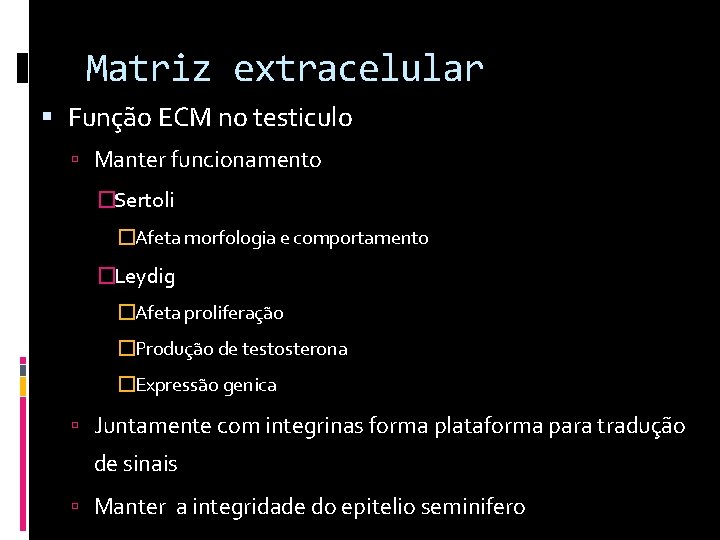 Matriz extracelular Função ECM no testiculo Manter funcionamento �Sertoli �Afeta morfologia e comportamento �Leydig