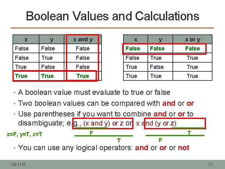 Boolean Values and Calculations x y x and y x or y False False