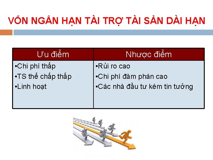 VỐN NGẮN HẠN TÀI TRỢ TÀI SẢN DÀI HẠN Ưu điểm • Chi phí