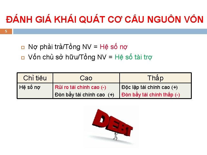 ĐÁNH GIÁ KHÁI QUÁT CƠ CẤU NGUỒN VỐN 5 Nợ phải trả/Tổng NV =