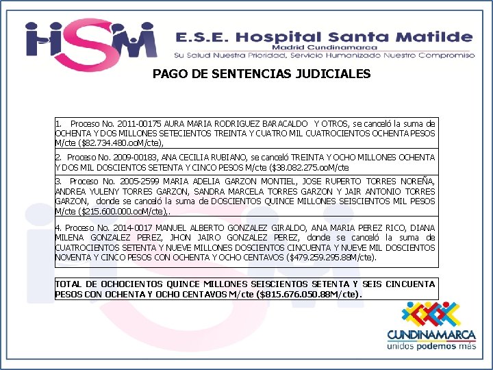 PAGO DE SENTENCIAS JUDICIALES 1. Proceso No. 2011 -00175 AURA MARIA RODRIGUEZ BARACALDO Y
