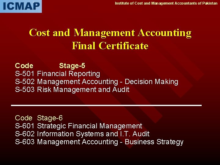 Institute of Cost and Management Accountants of Pakistan Cost and Management Accounting Final Certificate