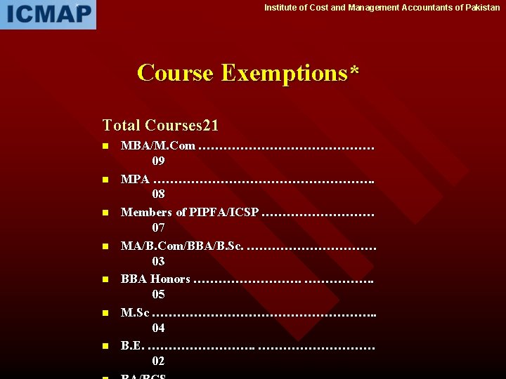 Institute of Cost and Management Accountants of Pakistan Course Exemptions* Total Courses 21 n