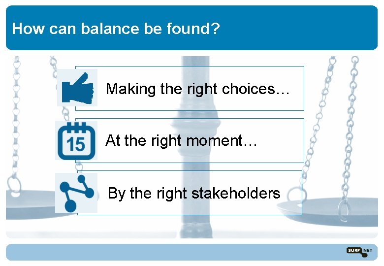 How can balance be found? Making the right choices… At the right moment… By