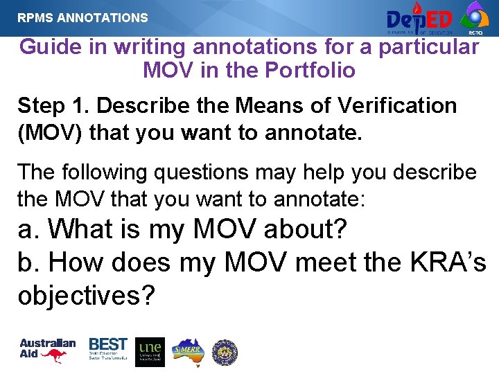 RPMS ANNOTATIONS RCTQ Guide in writing annotations for a particular MOV in the Portfolio RPMS ANNOTATIONS RCTQ Guide in writing annotations for a particular MOV in the Portfolio