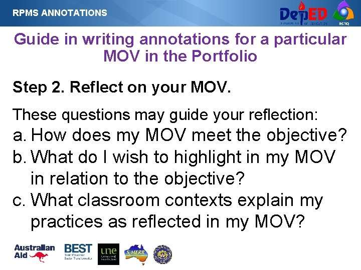 RPMS ANNOTATIONS RCTQ Guide in writing annotations for a particular MOV in the Portfolio RPMS ANNOTATIONS RCTQ Guide in writing annotations for a particular MOV in the Portfolio