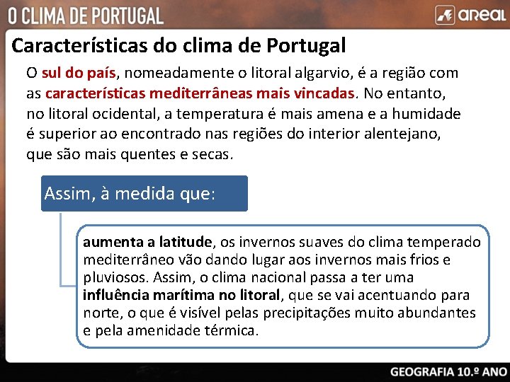 Características do clima de Portugal O sul do país, nomeadamente o litoral algarvio, é