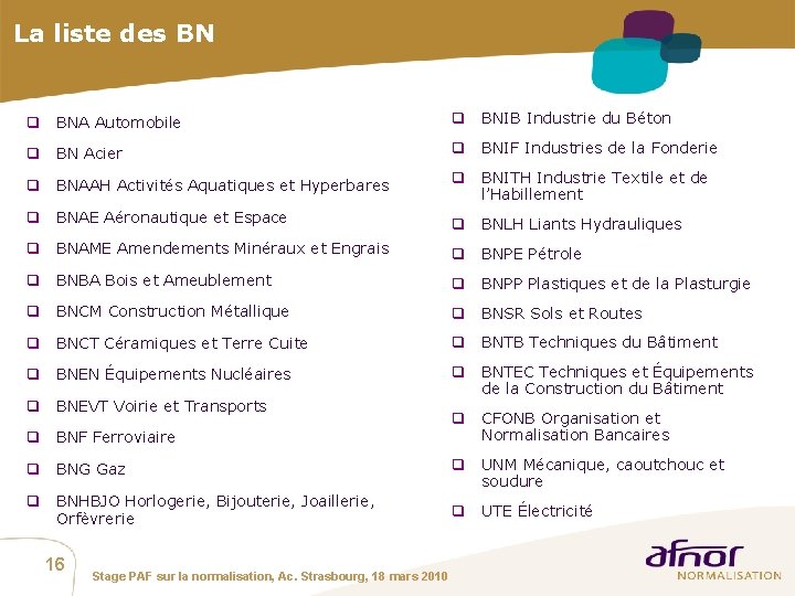 La liste des BN q BNA Automobile q BNIB Industrie du Béton q BN