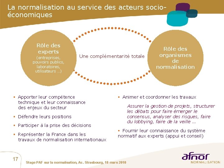 La normalisation au service des acteurs socioéconomiques Rôle des experts (entreprises, pouvoirs publics, laboratoires,