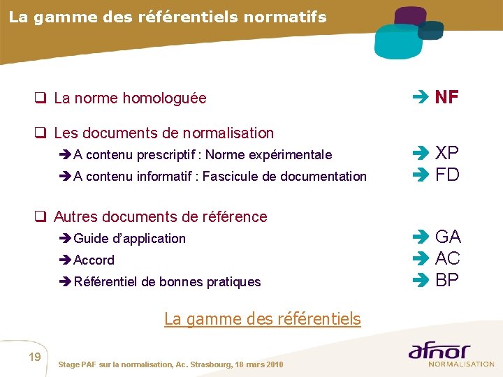 La gamme des référentiels normatifs q La norme homologuée NF q Les documents de