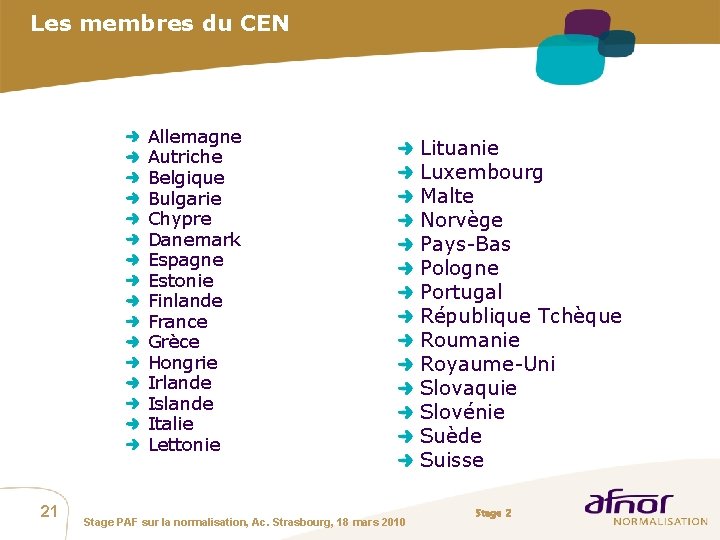 Les membres du CEN Allemagne Autriche Belgique Bulgarie Chypre Danemark Espagne Estonie Finlande France