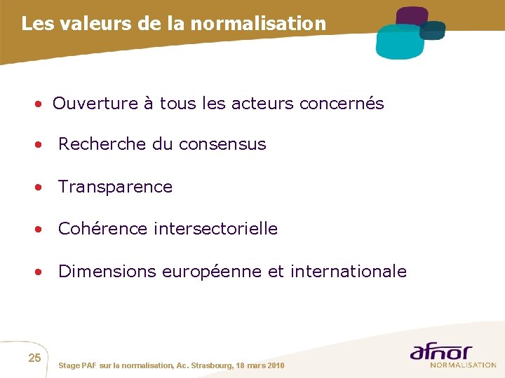 Les valeurs de la normalisation • Ouverture à tous les acteurs concernés • Recherche