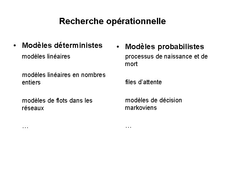 Recherche opérationnelle • Modèles déterministes modèles linéaires • Modèles probabilistes processus de naissance et Recherche opérationnelle • Modèles déterministes modèles linéaires • Modèles probabilistes processus de naissance et