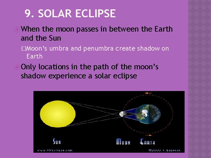 9. SOLAR ECLIPSE ⦿ When the moon passes in between the Earth and the