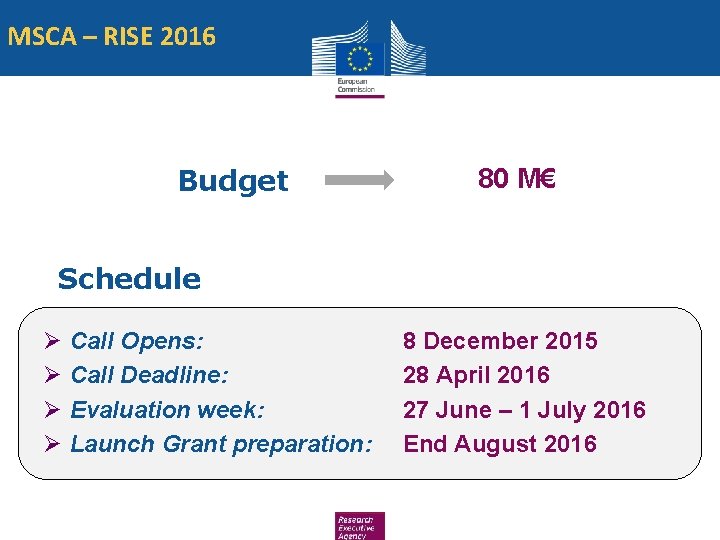 MSCA – RISE 2016 Budget 80 M€ Schedule Ø Ø Call Opens: Call Deadline: