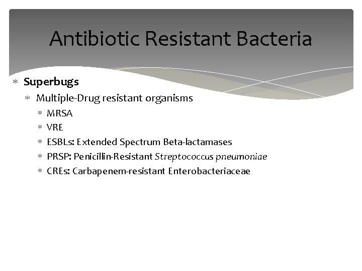 Antibiotic Resistant Bacteria Superbugs Multiple-Drug resistant organisms MRSA VRE ESBLs: Extended Spectrum Beta-lactamases PRSP: