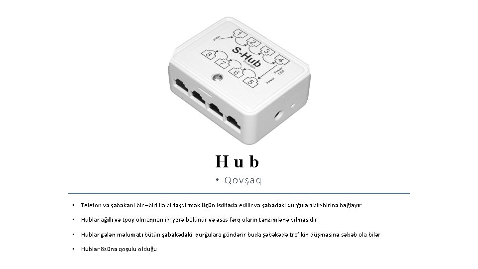 Hub • Qovşaq • Telefon və şəbəkəni bir –biri ilə birləşdirmək üçün isdifadə edilir Hub • Qovşaq • Telefon və şəbəkəni bir –biri ilə birləşdirmək üçün isdifadə edilir