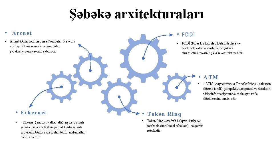 Şəbəkə arxitekturaları • Arcnet • • FDDİ Arcnet (Attached Resourse Computer Network - birlәşdirilmiş Şəbəkə arxitekturaları • Arcnet • • FDDİ Arcnet (Attached Resourse Computer Network - birlәşdirilmiş