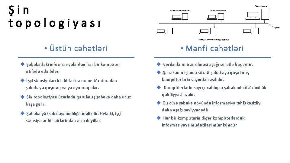 Şin topologiyası • Üstün cəhətləri u Şəbəkədəki informasiyalardan hər bir kompüter istifadə edə bilər. Şin topologiyası • Üstün cəhətləri u Şəbəkədəki informasiyalardan hər bir kompüter istifadə edə bilər.