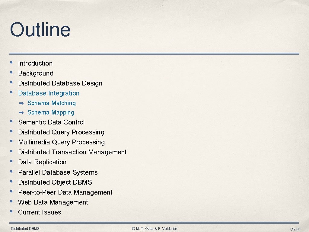 Outline • • Introduction Background Distributed Database Design Database Integration ➡ Schema Matching •