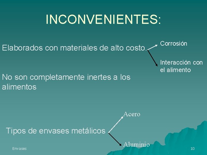 INCONVENIENTES: Elaborados con materiales de alto costo. No son completamente inertes a los alimentos