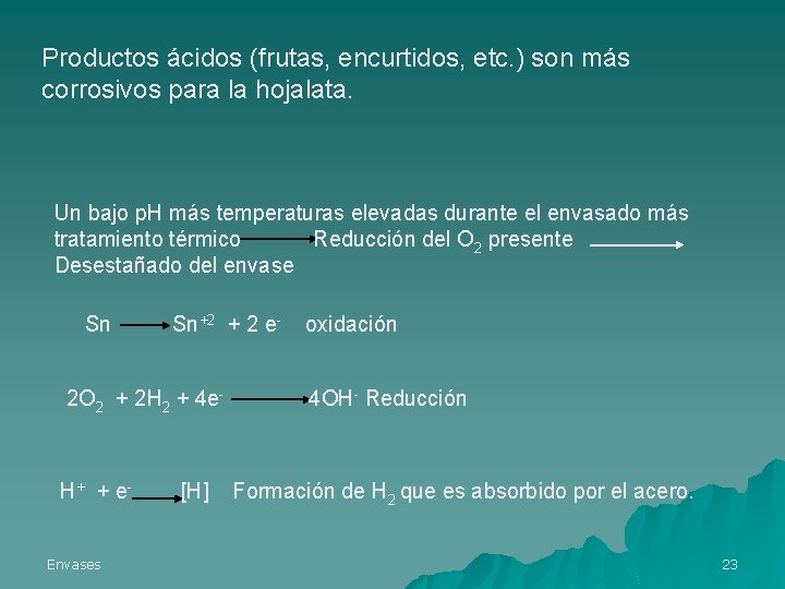 Productos ácidos (frutas, encurtidos, etc. ) son más corrosivos para la hojalata. Un bajo