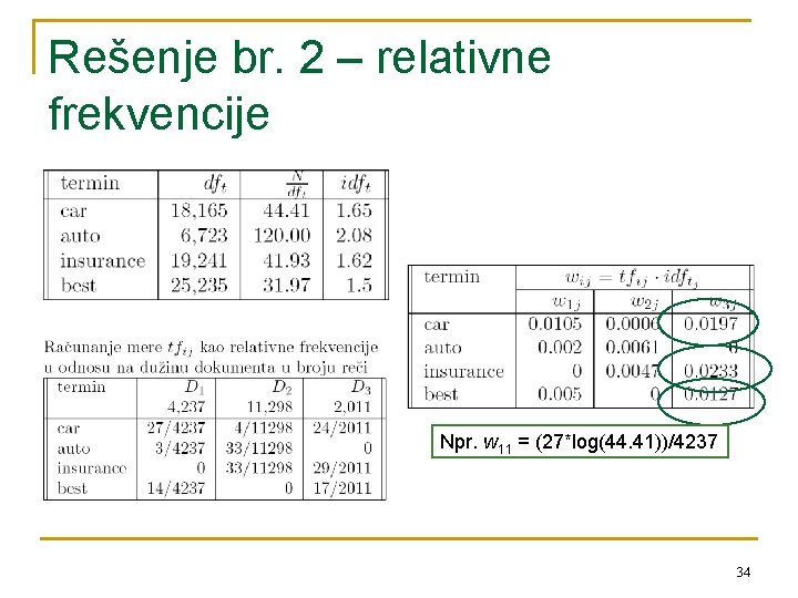 Rešenje br. 2 – relativne frekvencije Npr. w 11 = (27*log(44. 41))/4237 34 